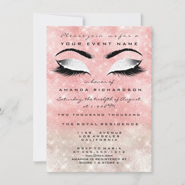 Pink Ivory Makeup Weißer Glitzer 16. Brautparty Einladung (Vorderseite)