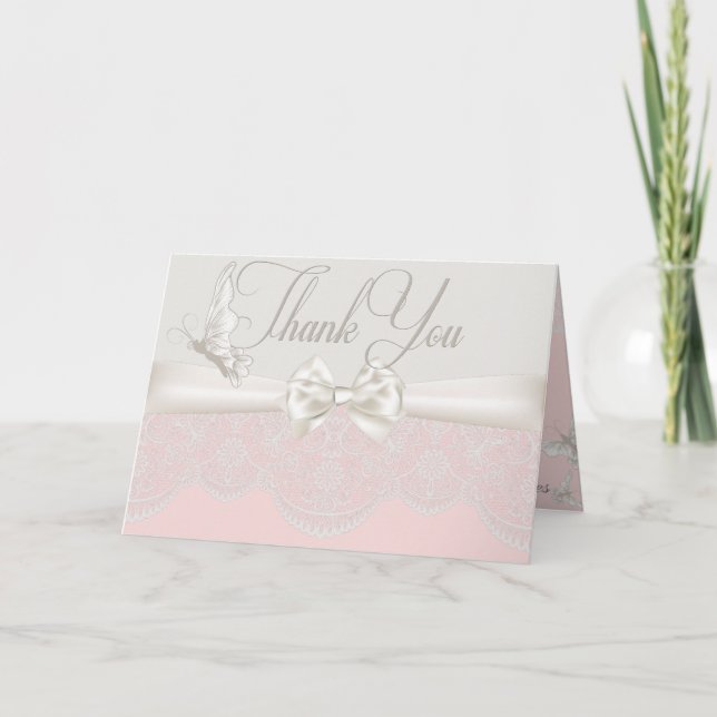 Pink & Ivory Schmetterlinge und Spitzen Vielen Dan Dankeskarte (Vorderseite)