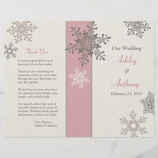 Pink Ivory Taupe Snowflakes Programme de mariage h (Devant)