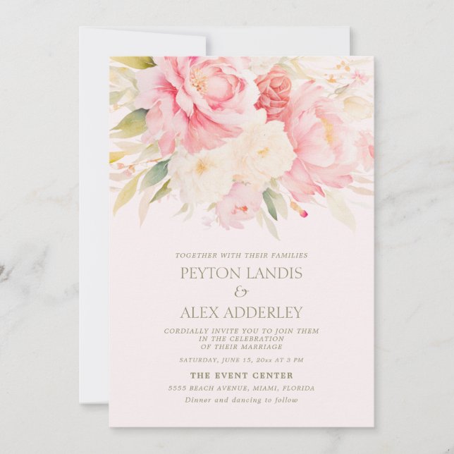 Pink Ivory Watercolor Blumenzwiebeln Hochzeit Einladung (Vorderseite)