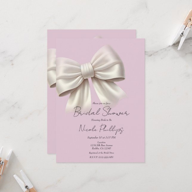 Pink & Ivory White Bow Brautparty Einladung (Vorderseite/Rückseite Beispiel)