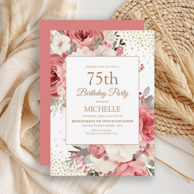 Pink Ivory White Floral Gold Glitzer 75. Geburtsta Einladung (Elegant pink and ivory watercolor floral women's 75th birthday party invitation)