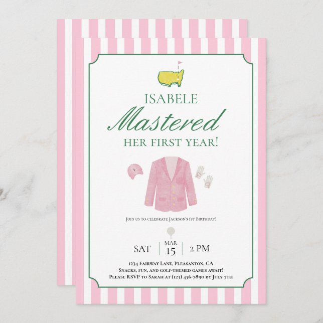 Pink Jacket Golf First Birthday Invitation (Devant / Derrière)