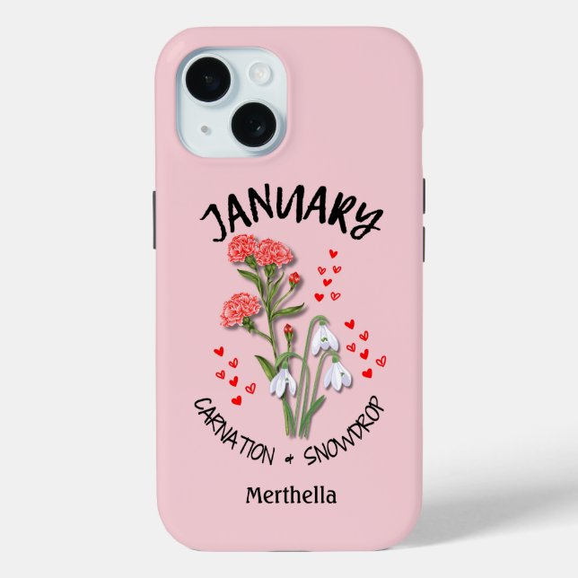 Pink JANUARY Birth Monat Blume Individuelle Name Case-Mate iPhone Hülle (Rückseite)
