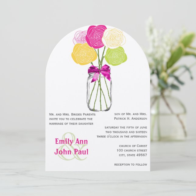 Pink Jaune Vert moderne Mason Jar Invitation Flora (Debout devant)