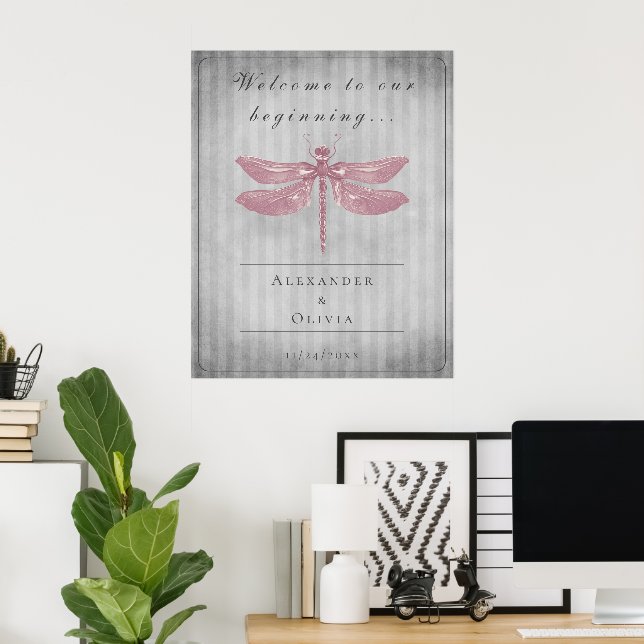 Pink Jeweled Dragonfly Hochzeit Willkommen Poster (Heimbüro)