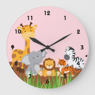 Pink Jote Jungle Bébé Animaux Horloges murales
