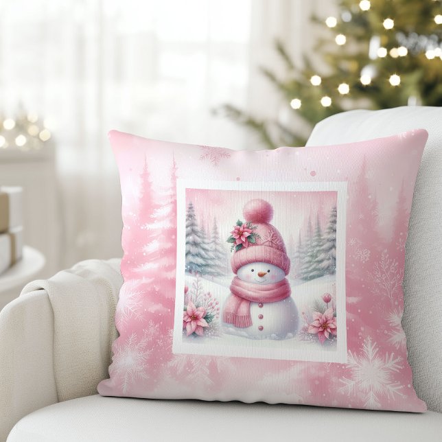 Pink Joy Snowman Cute Winter Scene Decor Pillow Kissen (Pink Joy Snowman Cute Winter Scene Decor Pillow)