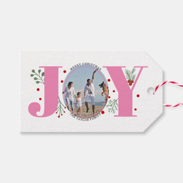 Pink Joy with berries Christmas photo Geschenkanhänger (Vorderseite (Horizontal))