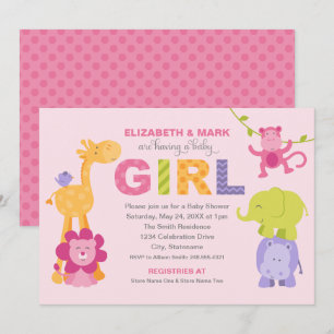 Pink Jungle Tiere Baby Mädchen Paaare Party Einladung
