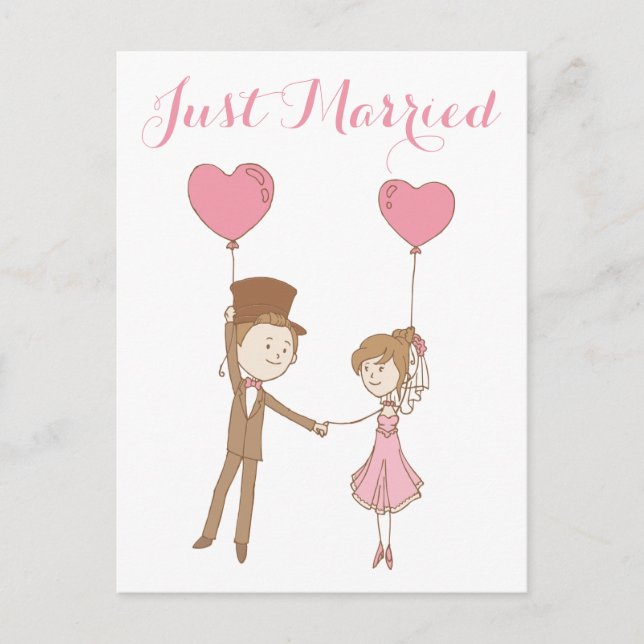 Pink Just Married Bride & Groom Brown Wedding Ankündigungspostkarte (Vorderseite)