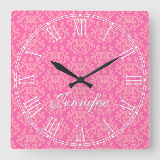Pink kangaroo paw & heart damask name wall clock quadratische wanduhr (Vorderseite)