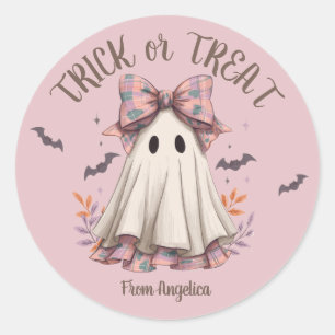 Pink Kariert Bow Niedlich Ghost Girl Halloween Runder Aufkleber
