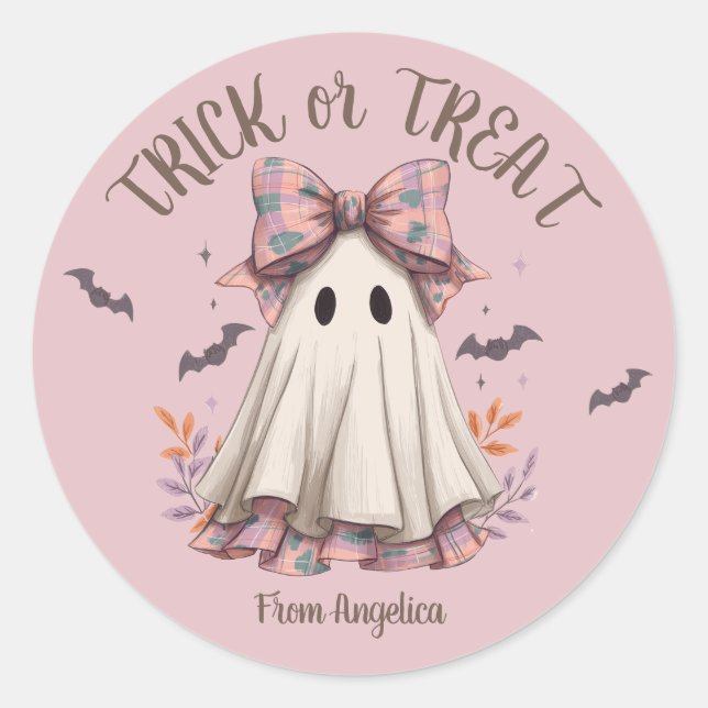 Pink Kariert Bow Niedlich Ghost Girl Halloween Runder Aufkleber (Vorderseite)