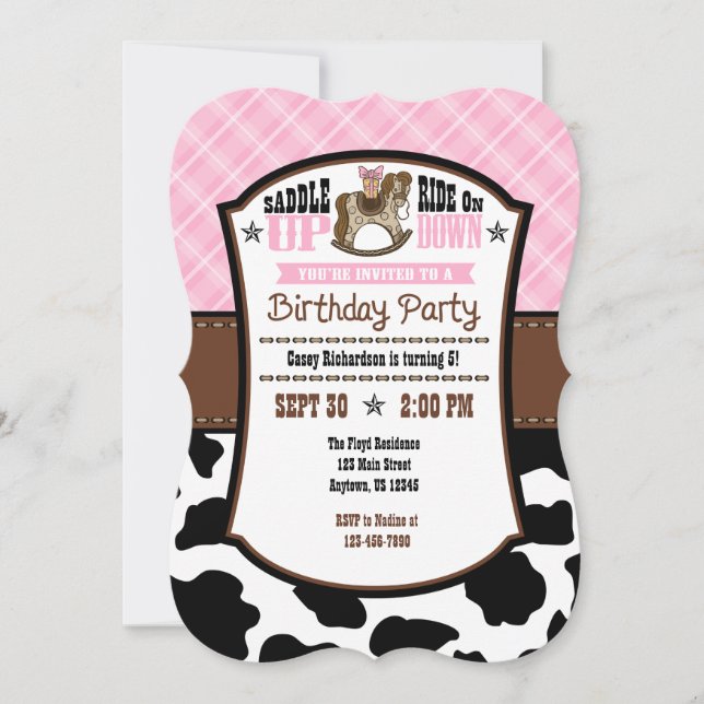 Pink Kariert Cowhide Cowboy Birthday Einladung (Vorderseite)