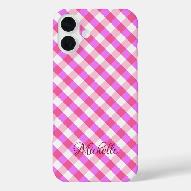 Pink Kariert Pattern individuelle Name Gehäuse iPhone 16 Plus Hülle (Rückseite)