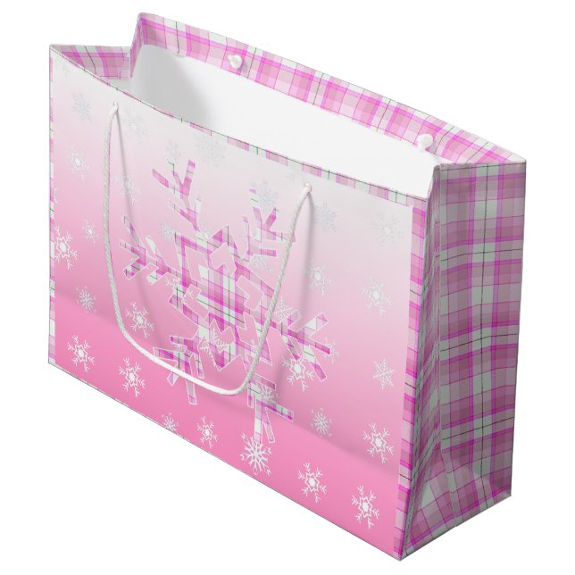 Pink Kariert Snowflakes Weihnachten Große Geschenktüte (Vorderseite Schrägansicht)