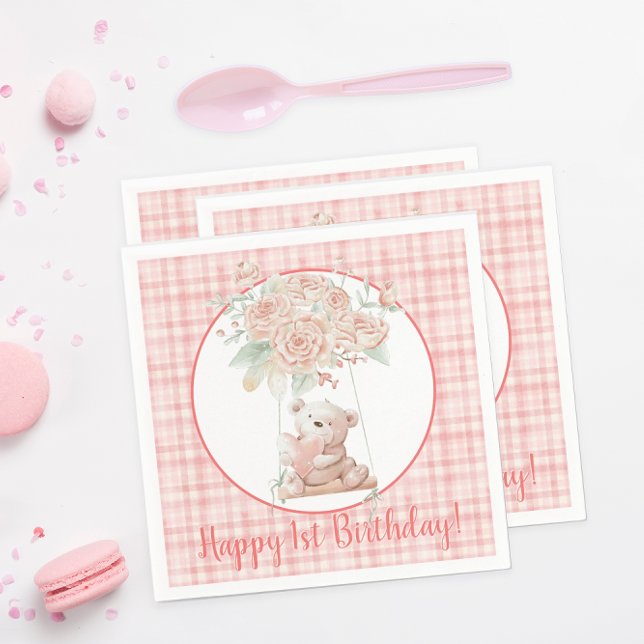 Pink Kariert Teddy Bär Geburtstag Serviette (Von Creator hochgeladen)