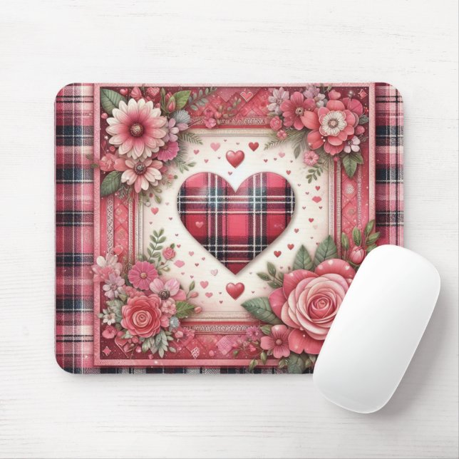 PINK KARIERT VALENTINES HERZEN UND BLUME MOUSEPAD (Mit Mouse)