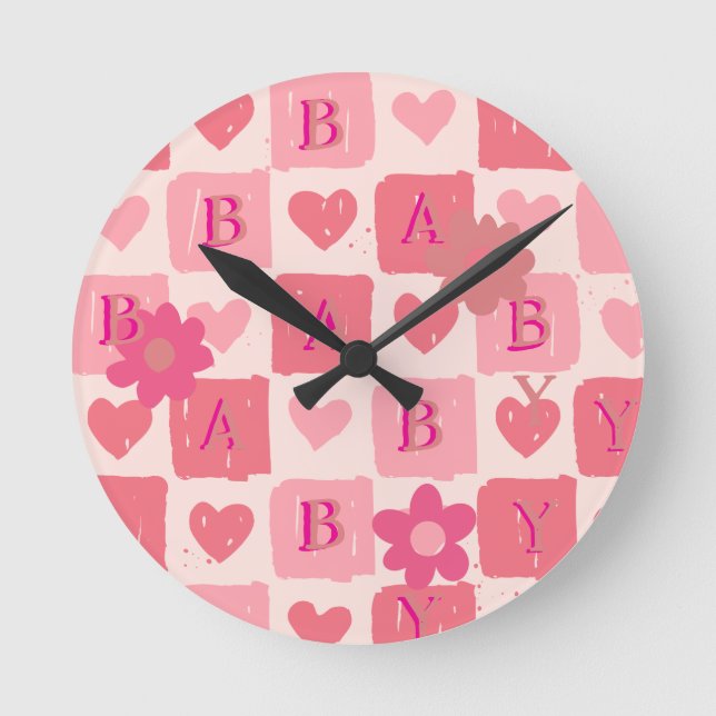 Pink karierte Babyuhr Runde Wanduhr (Vorderseite)