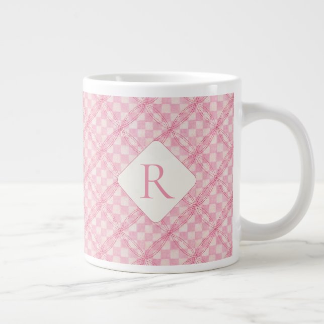 PINK KARO QUILT Big White Tasse + Initial (Rechts)