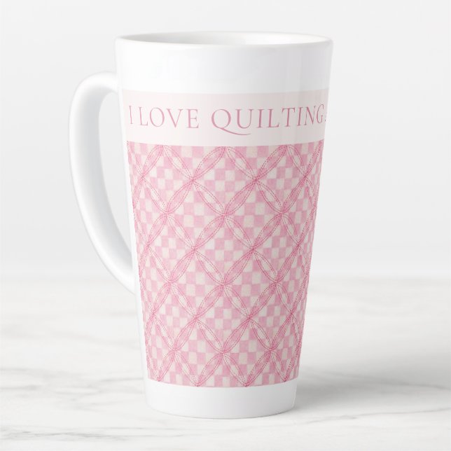 PINK KARO QUILT hohe Latte Tasse + Text / Blush (Linke Ecke)