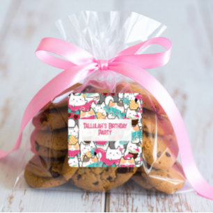 Pink Kawaii Cats Pool Party Geburtstag Quadratischer Aufkleber