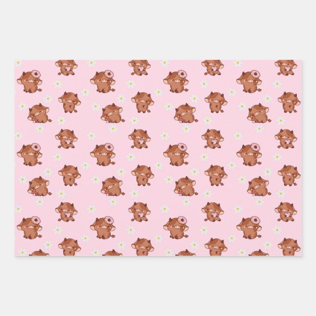 Pink Kawaii Highland Cows Seamless Pattern Geschenkpapier Set (Vorderseite)