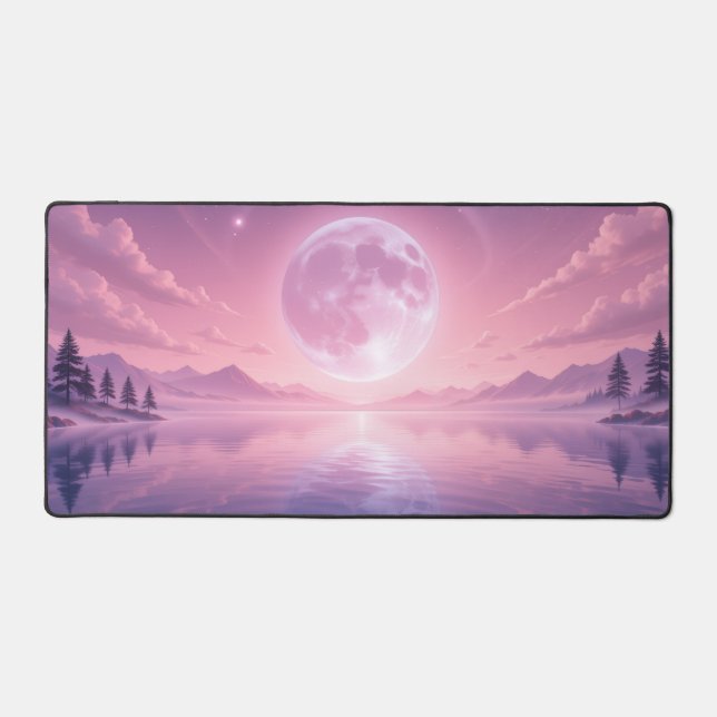 Pink Kawaii Serene Midnight Full Moon Sky, River Schreibtischunterlage (Vorderseite)