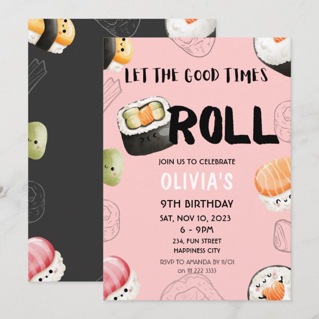 Pink Kawaii Sushi Sashimi Kinder Mädchen Erwachsen Einladung (Vorne/Hinten)