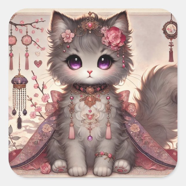 Pink Kimono Princess Cat Quadratischer Aufkleber (Vorderseite)