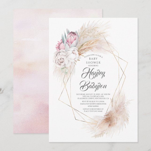 Pink King Protea Pampas Grass Floral Baby Dusche Einladung (Vorne/Hinten)