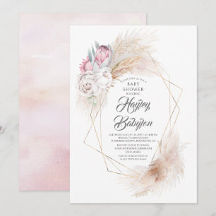 Pink King Protea Pampas Grass Floral Baby Dusche Einladung