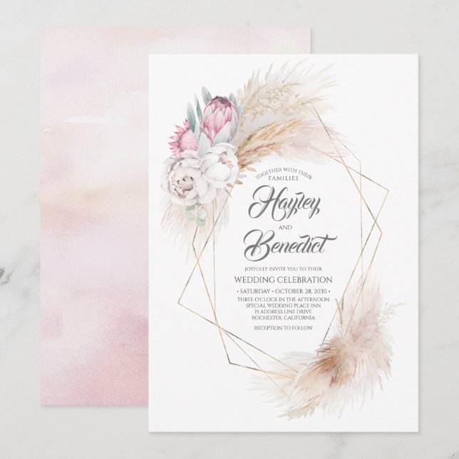 Pink King Protea und Pampas Grass Moderne Hochzeit Einladung (Vorne/Hinten)