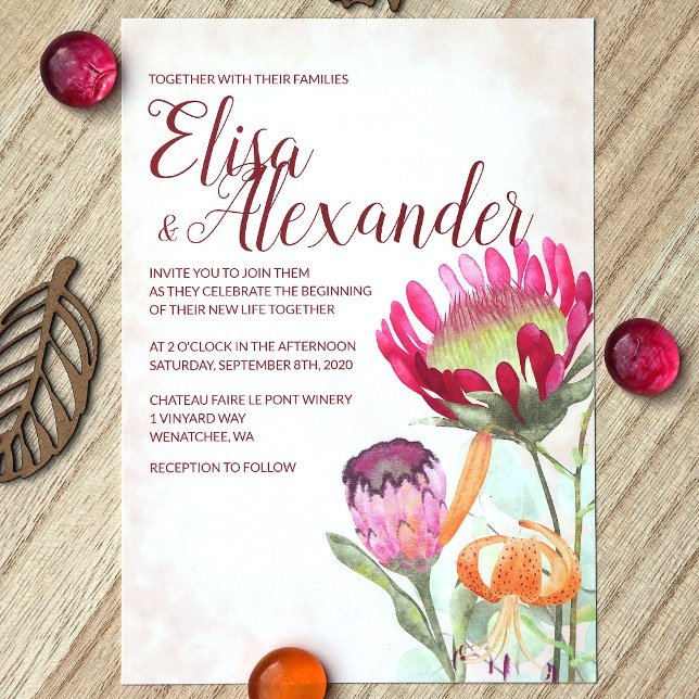 Pink King Proteas, Orange Lilies Hochzeit im Herbs Einladung (Fall Pink King Protea Flower Orange Tiger Lily Wedding Invitation)