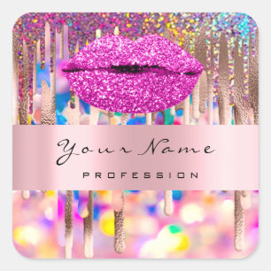 Pink Kiss Lips Glitzer Holographic Business Name Quadratischer Aufkleber
