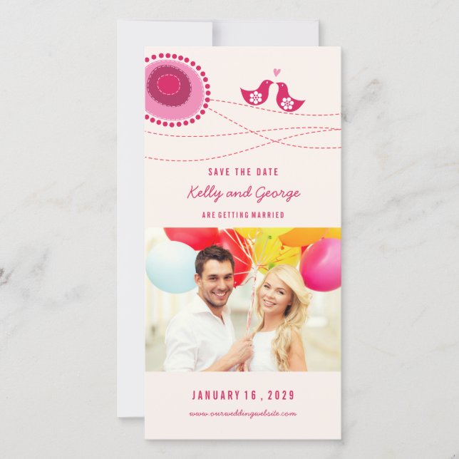 Pink Kissing Love Birds Whimsical Blume Dot Foto Save The Date (Vorderseite)