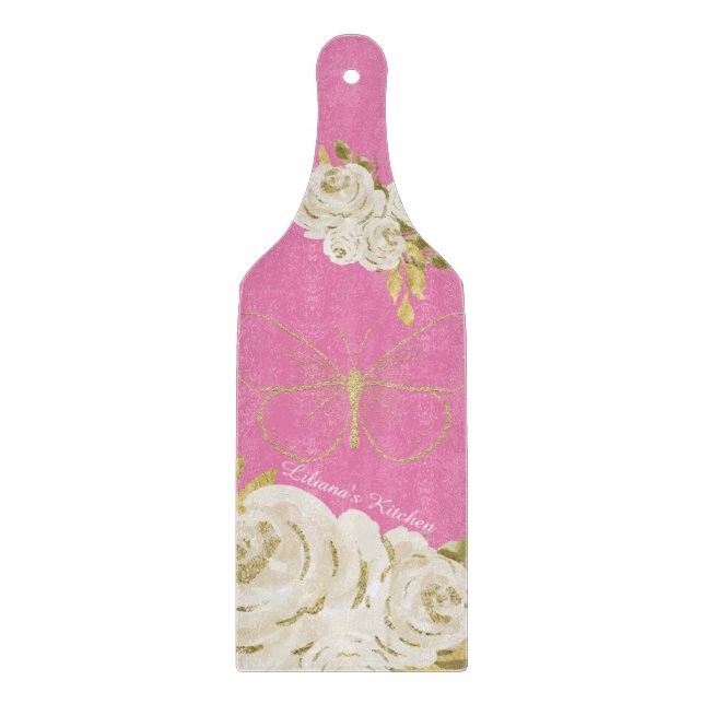 Pink Kitchenette Floral Aquarell Blume Schmetterli Schneidebrett (Vorderseite)