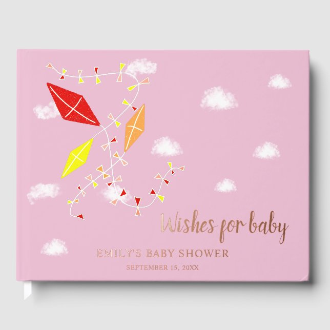Pink Kites Baby Dusche Gold Foil Wünsche für Baby Gästebuch (Vorderseite)
