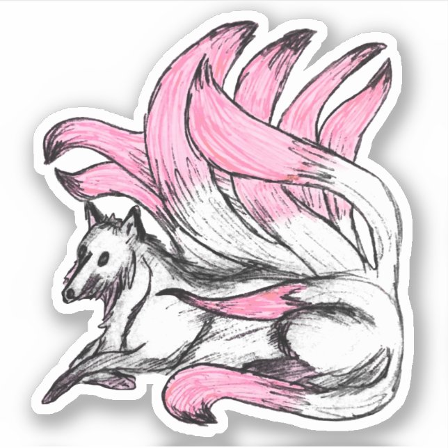 Pink Kitsune Japanischer Fox Sketch Aufkleber (Vorderseite)