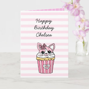 Pink Kitten Cupcake Girl's Birthday Karte
