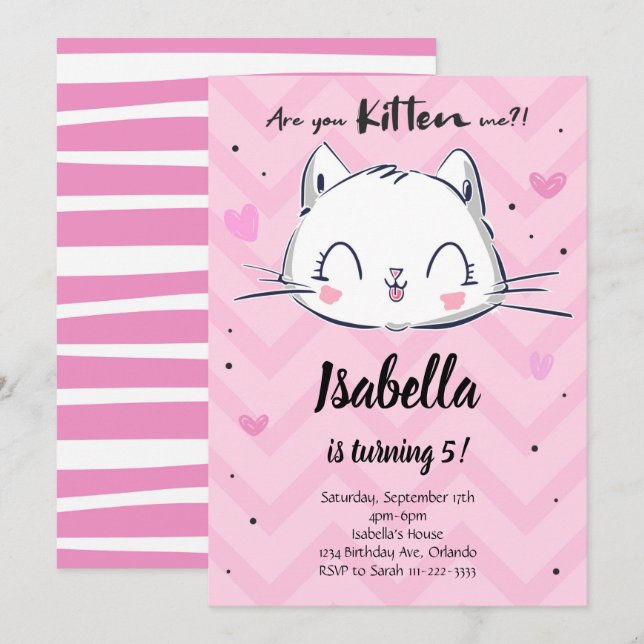 Pink Kitten Girls Einladung zum Geburtstag (Vorne/Hinten)