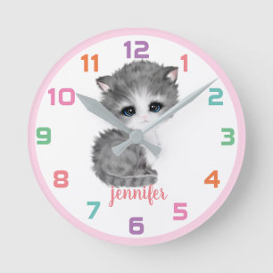 Pink Kitten Katze Farbige Kids Wall Uhr