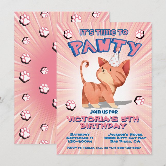Pink Kitty Cat Birthday Pawty Party Einladung (Vorne/Hinten)