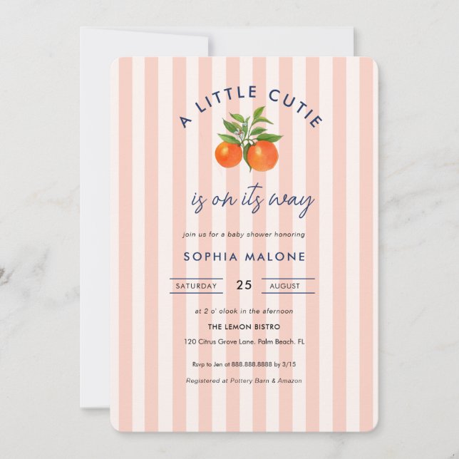 Pink Kleine Süsse auf dem Weg Citrus Baby Dusche Einladung (Vorderseite)