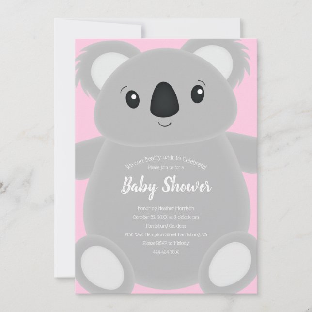 Pink Koala Bear Baby Dusche Einladung (Vorderseite)