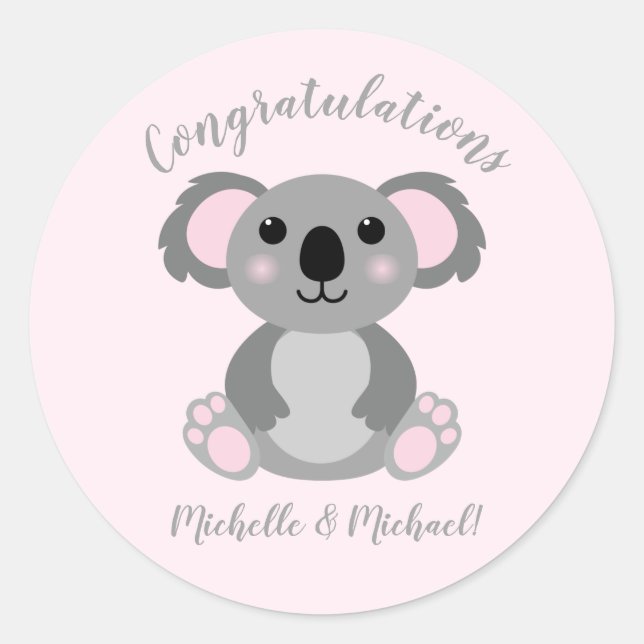Pink Koala Bear Baby Dusche Runder Aufkleber (Vorderseite)