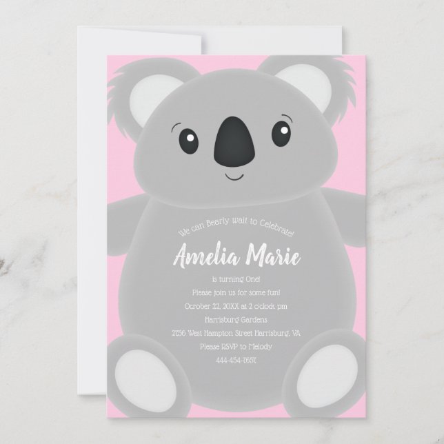 Pink Koala Bear Geburtstagsparty Einladung (Vorderseite)