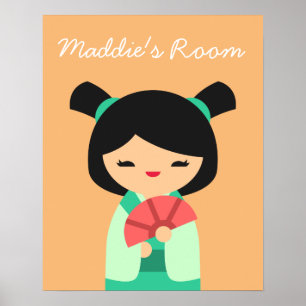 Pink Kokeshi Japanisch Puppen Mädchen Zimmer Poster