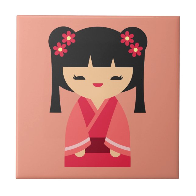 Pink Kokeshi Japanische Puppen Fliese (Vorderseite)